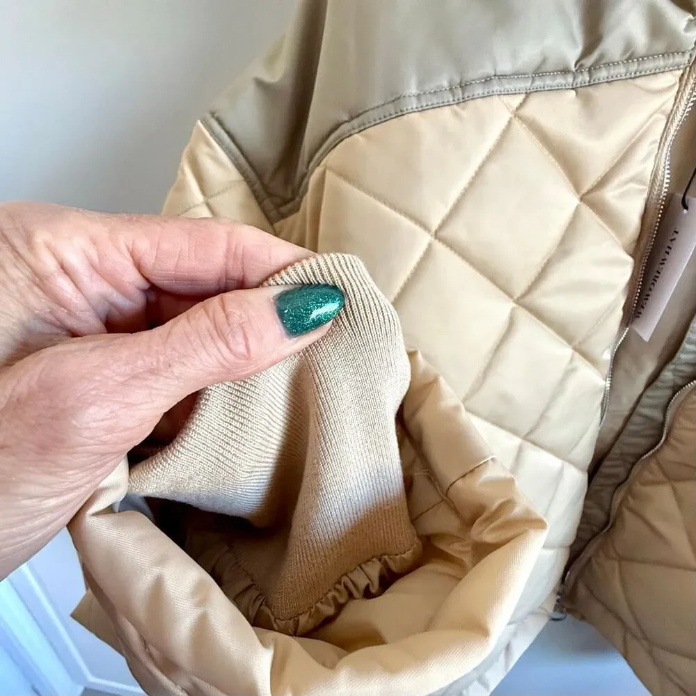 NWT WeWoreWhat Color Blocked Quilted Puffer Jacket in a muted sage/beige colorwa